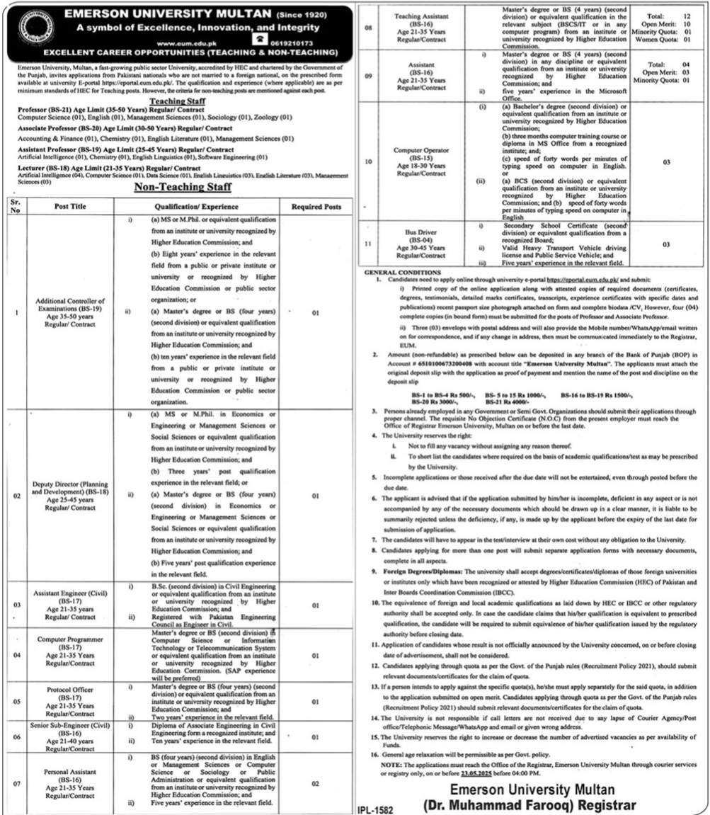 Emerson University Multan Jobs 2025