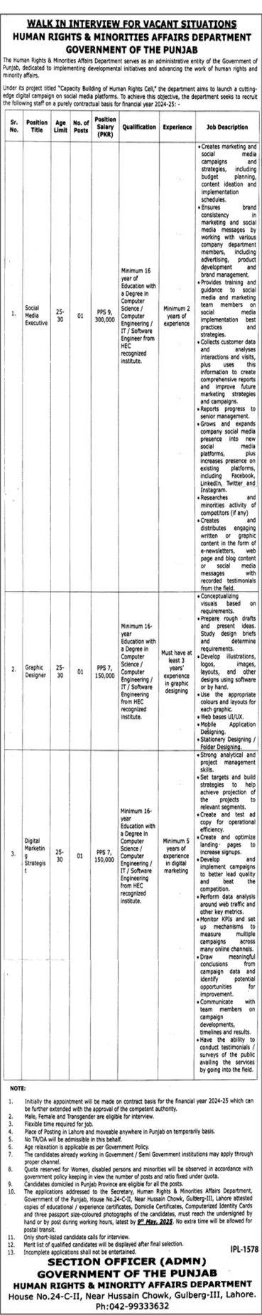 Human Rights & Minorities Affairs Department Jobs 2025 | Multiple Position 2 Human Rights & Minorities Affairs Department Jobs