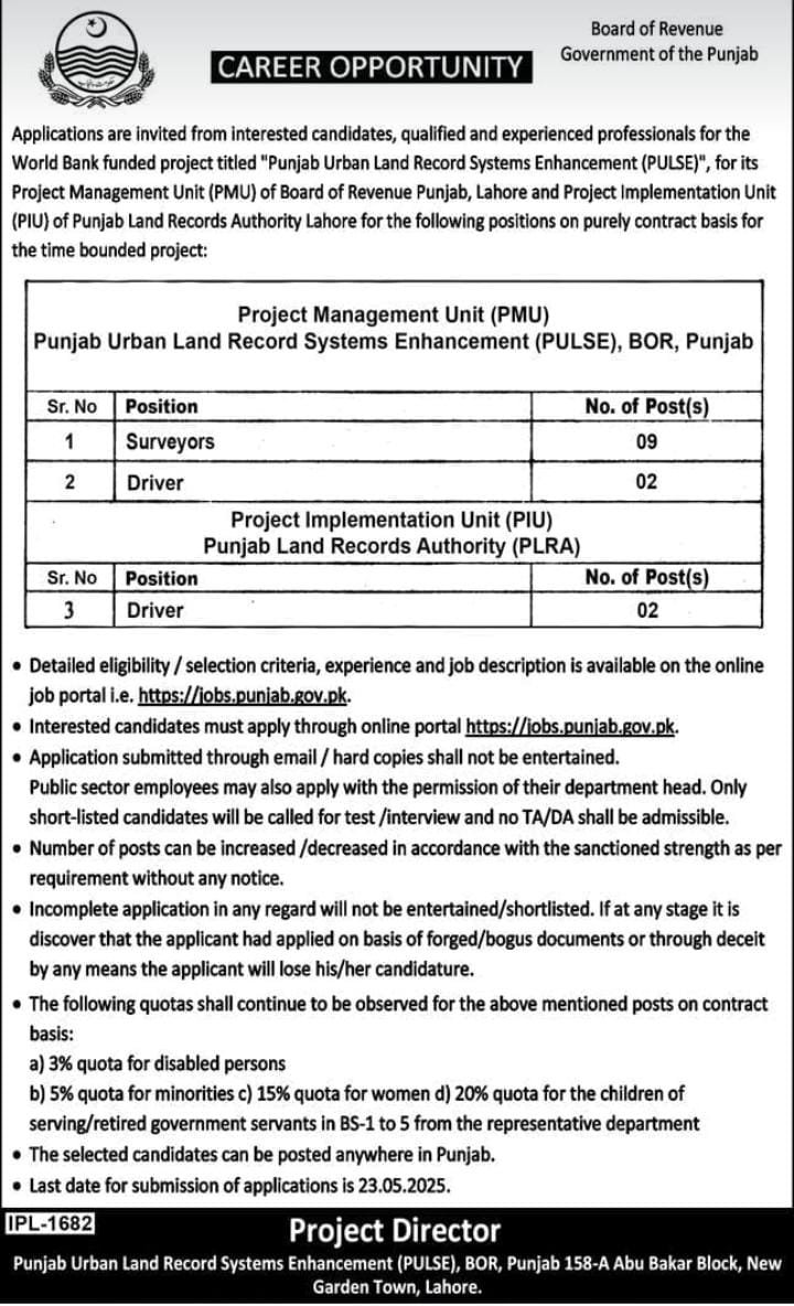Driver Job in Punjab Land Recors Authority 