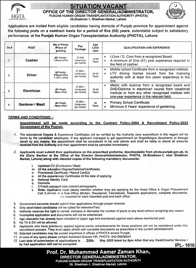 Punjab Human Organ Transplantation Authority Jobs 2025