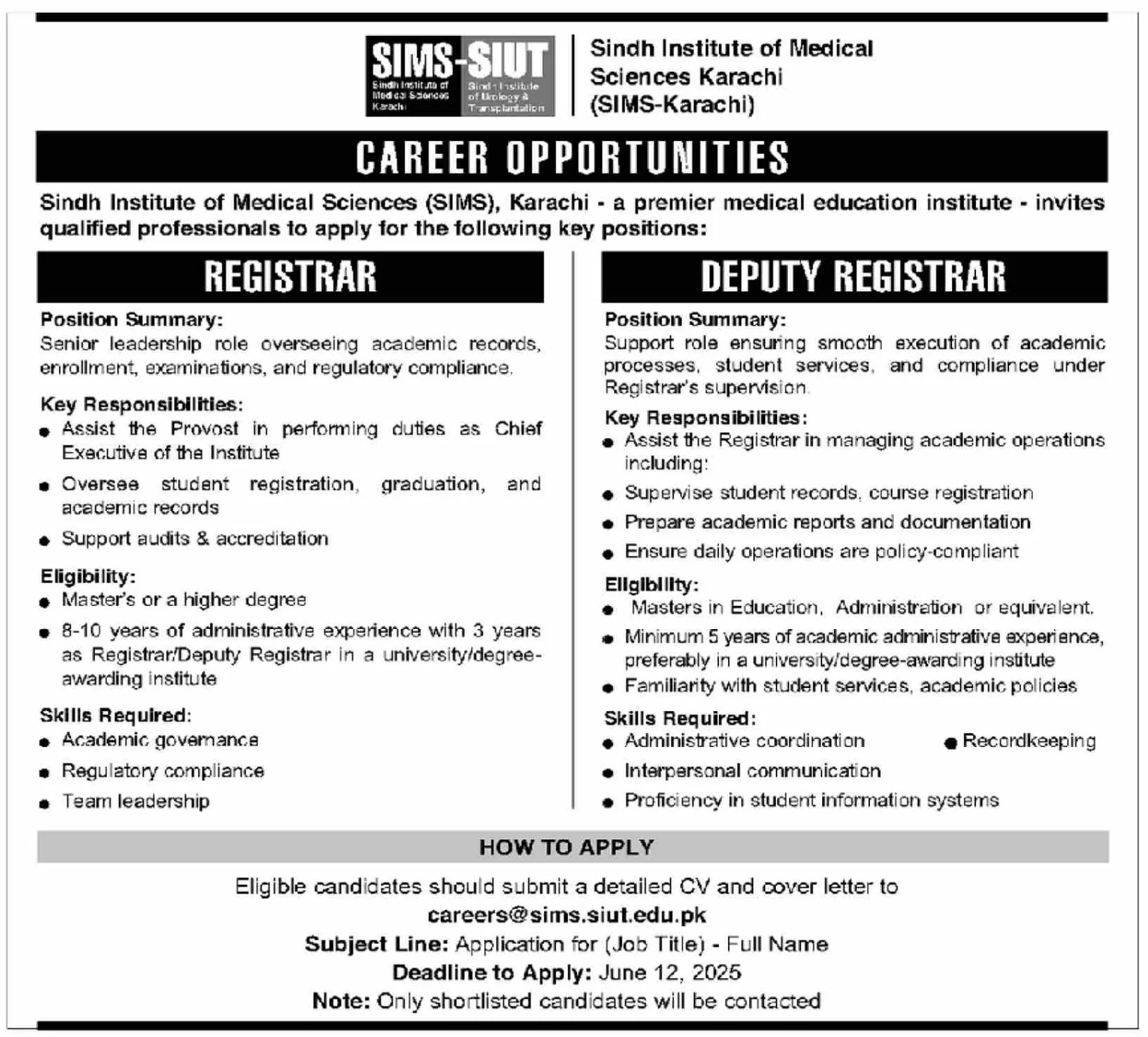 Sindh Institute of Medical Sciences Jobs 2025 - Multiple Jobs 2 Sindh Institute of Medical Sciences (SIMS) Jobs 2025
