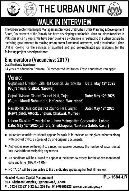 2000+ Enumerators Jobs 2025 - Urban Unit Punjab 2 2000+ Enumerators Jobs 2025