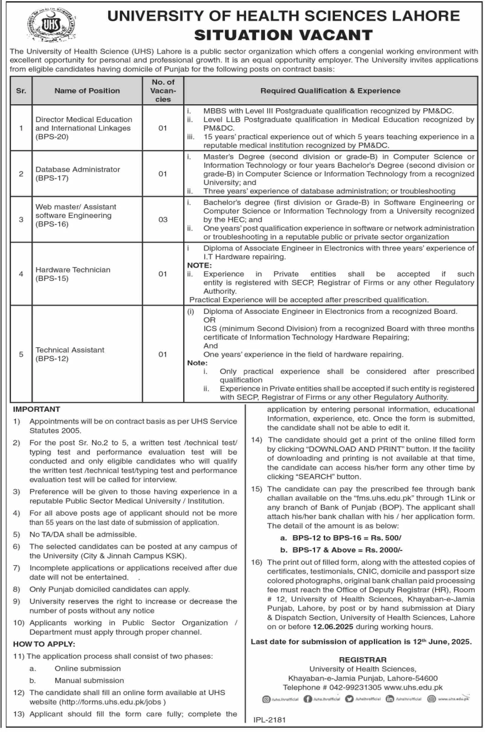 University of Health Sciences (UHS) Lahore Jobs