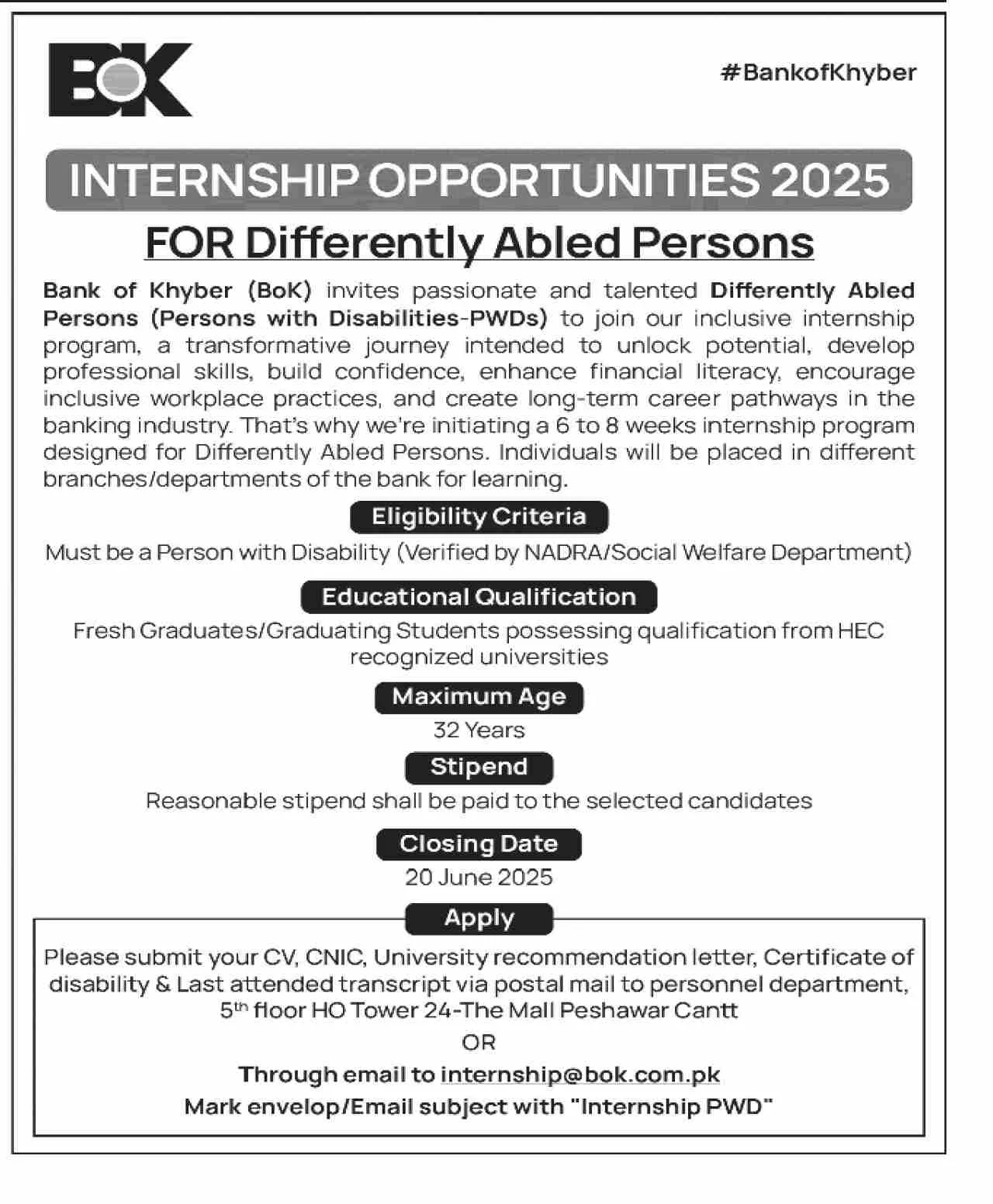 Bank of Khyber (BOK) Internship 2025 - Online Apply 2 Bank of Khyber (BOK) Internship 2025